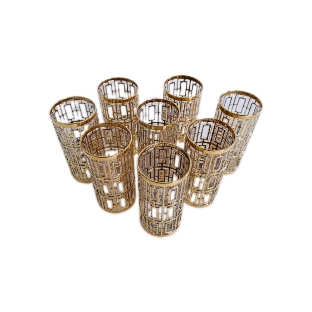 Vintage 1960s Imperial Glass Shoji Trellis 22k Gold 15oz Tumblers, Set Of 8